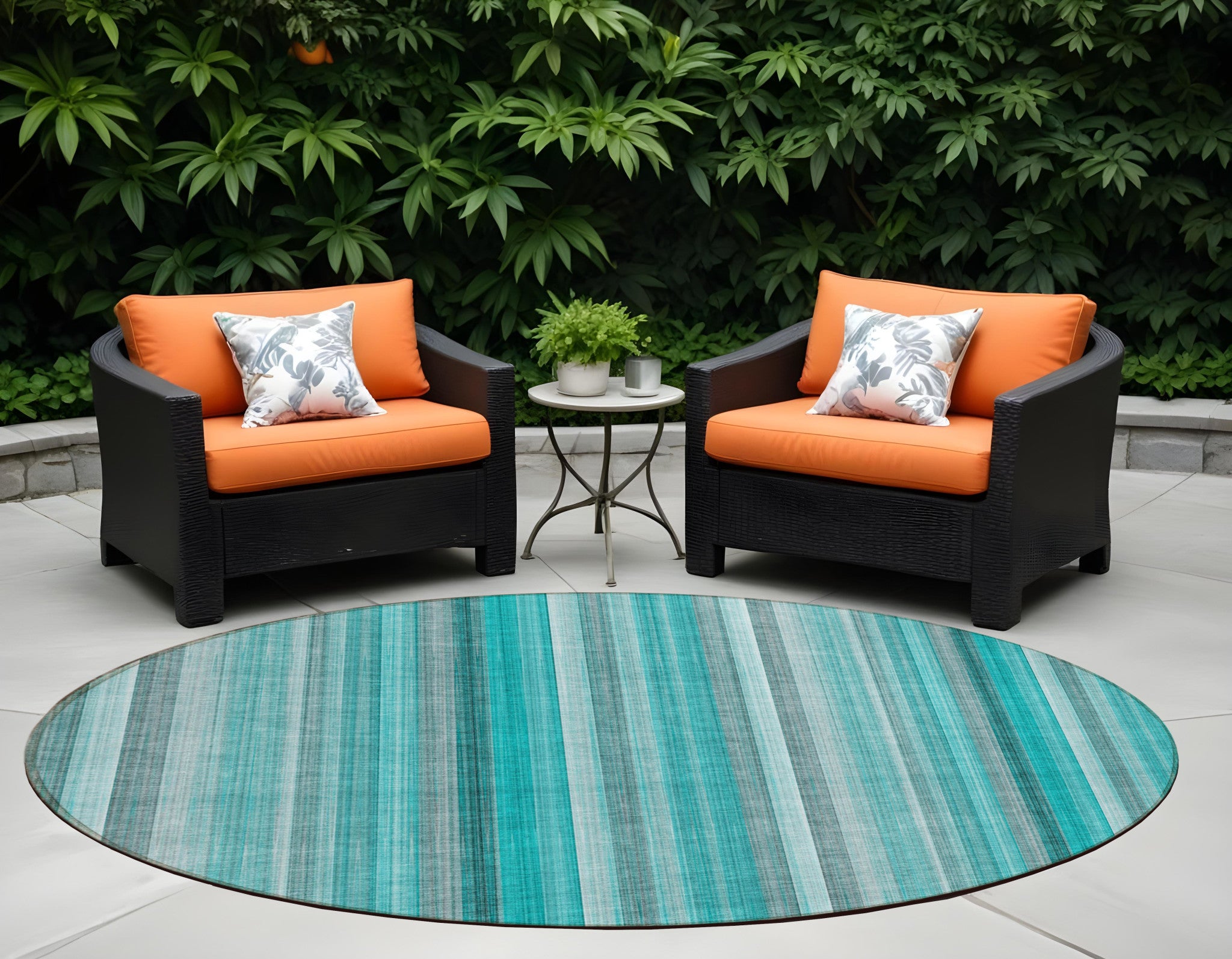 8 Round Teal and Gray Round Striped Washable Non Skid Indoor Outdoor Area Rug