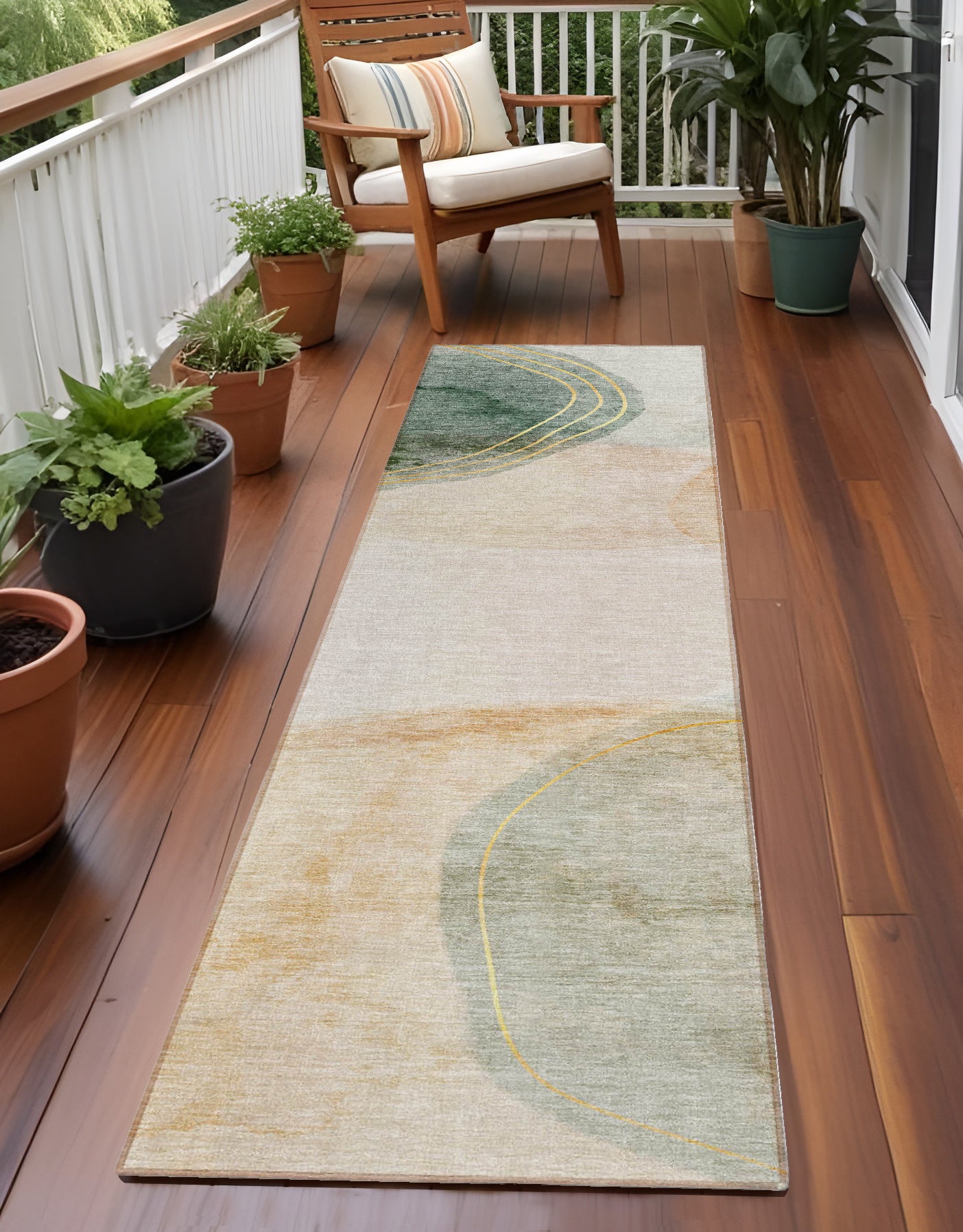 8 Runner Beige and Green Abstract Washable Non Skid Indoor Outdoor Runner Rug