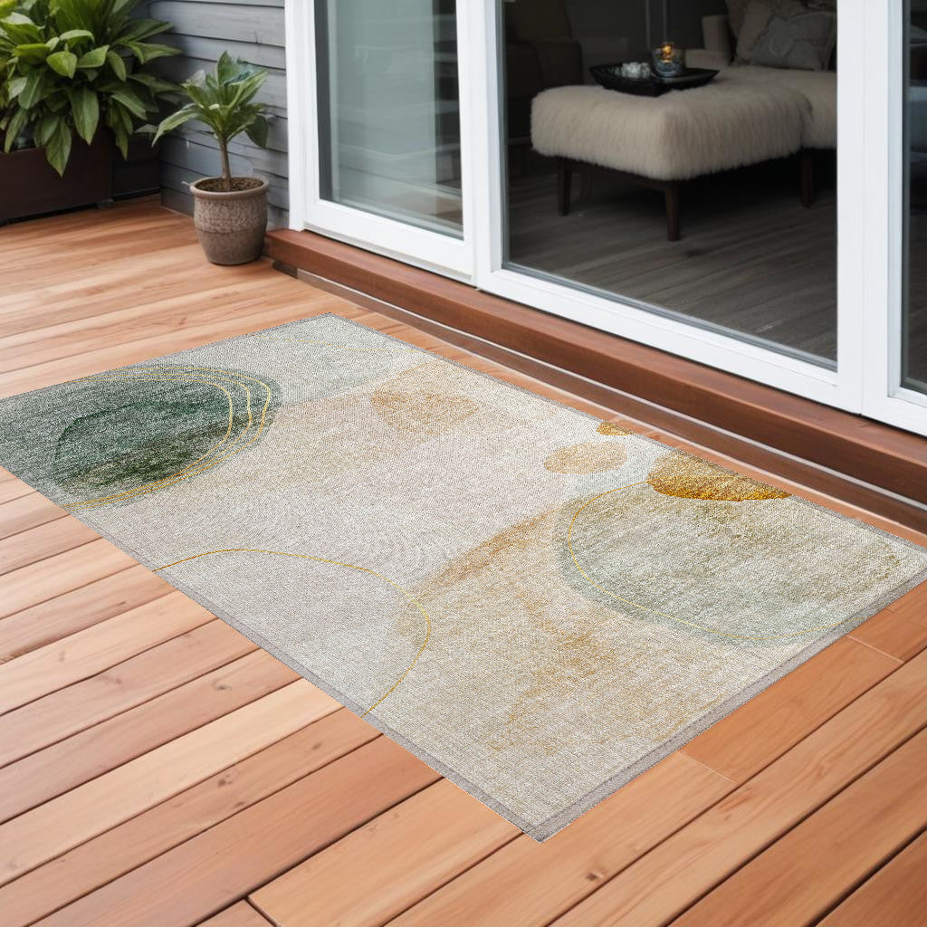 3 X 5 Beige and Green Abstract Washable Non Skid Indoor Outdoor Area Rug