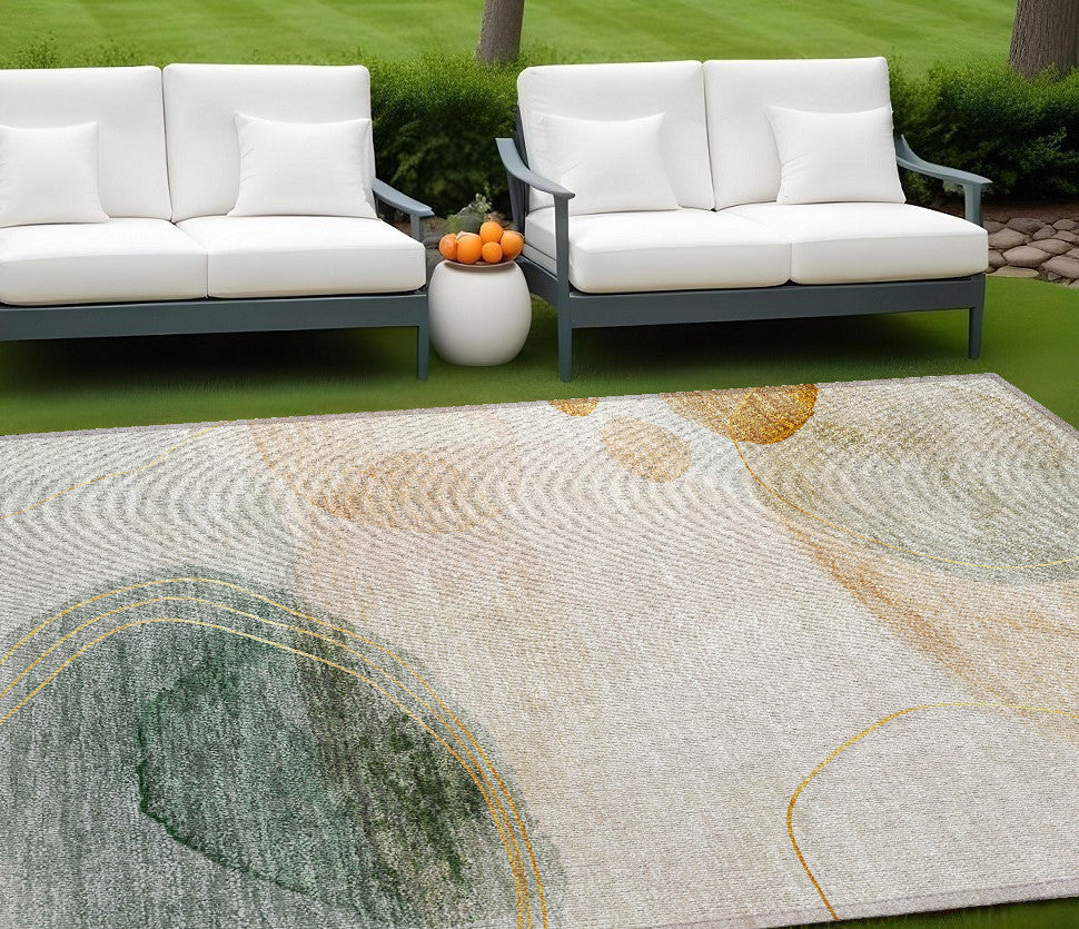 10 X 14 Beige and Green Abstract Washable Non Skid Indoor Outdoor Area Rug
