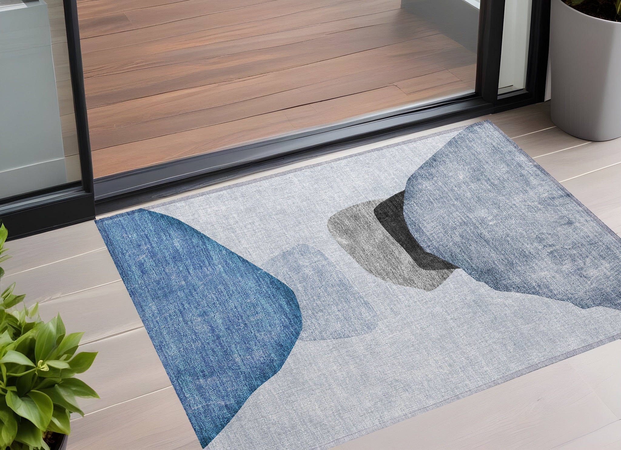 2 X 3 Blue Gray and Black Abstract Washable Non Skid Indoor Outdoor Area Rug
