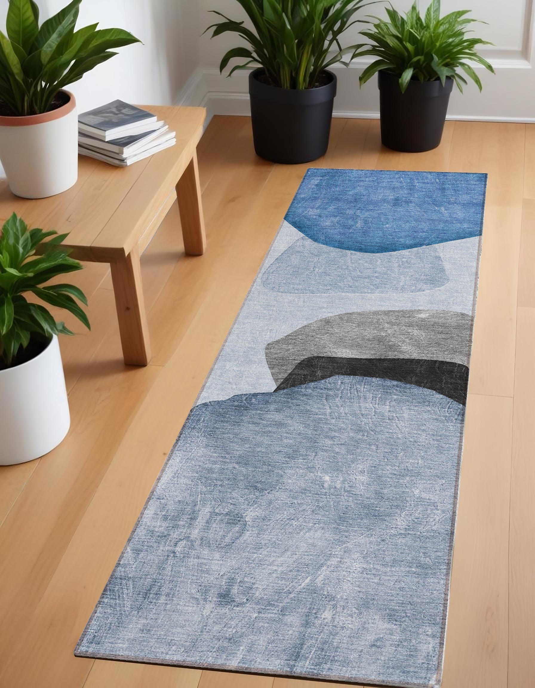 8 Runner Blue Gray and Black Abstract Washable Non Skid Indoor Outdoor Runner Rug
