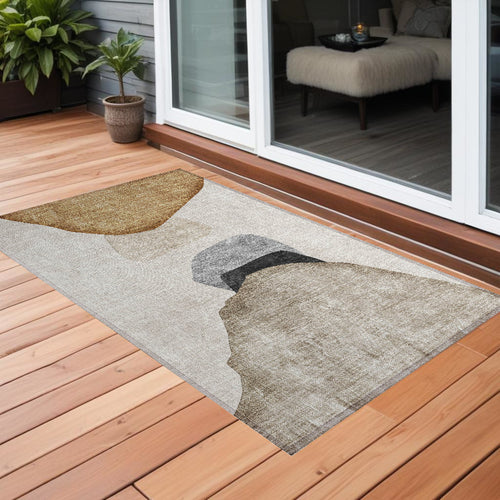 2 X 3 Tan Brown and Gray Abstract Washable Non Skid Indoor Outdoor Area Rug