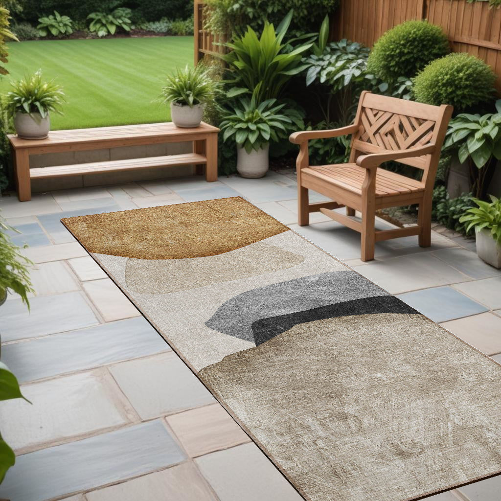 8 Runner Tan Brown and Gray Abstract Washable Non Skid Indoor Outdoor Runner Rug