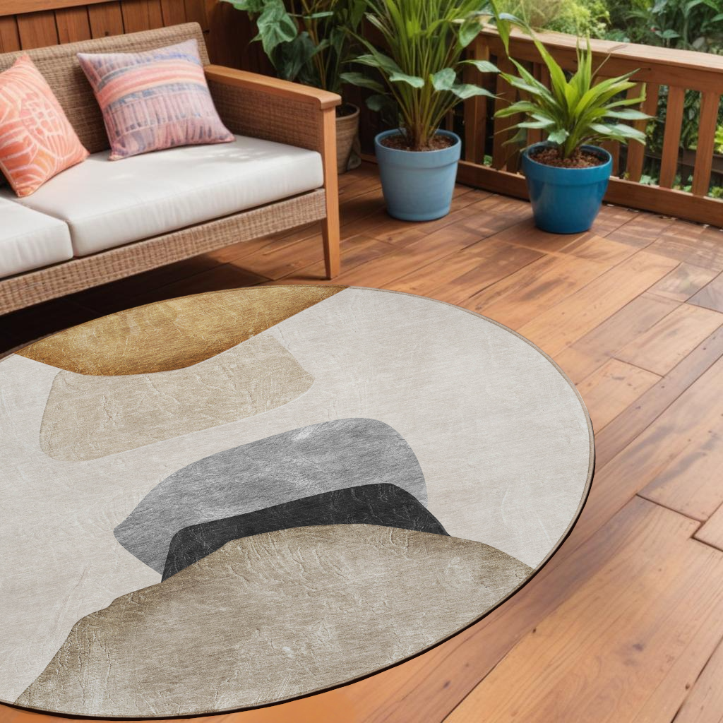 8 Round Tan Brown and Gray Round Abstract Washable Non Skid Indoor Outdoor Area Rug