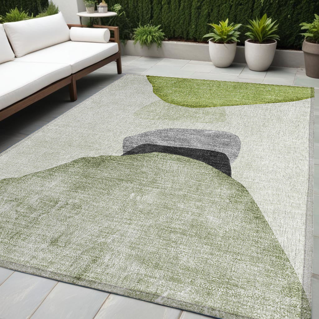 5 X 8 Green Black and Gray Abstract Washable Non Skid Indoor Outdoor Area Rug