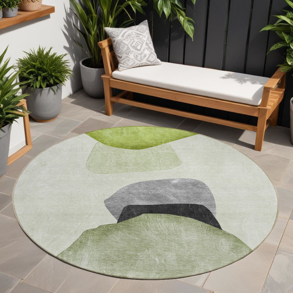8 Round Green Black and Gray Round Abstract Washable Non Skid Indoor Outdoor Area Rug