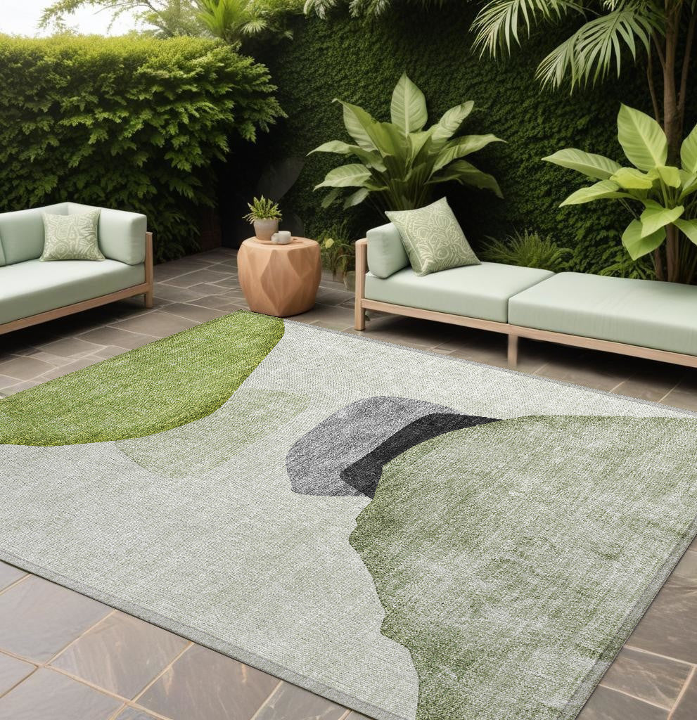 9 X 12 Green Black and Gray Abstract Washable Non Skid Indoor Outdoor Area Rug