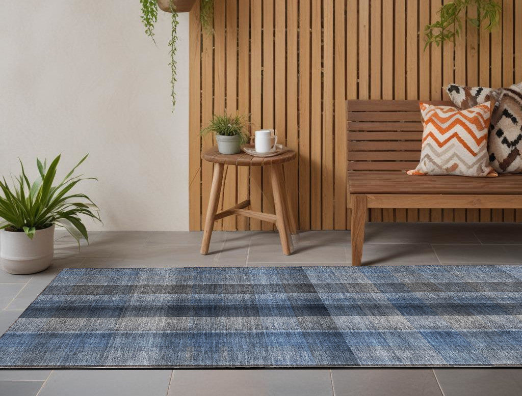 8 Runner Blue Plaid Washable Non Skid Indoor Outdoor Runner Rug