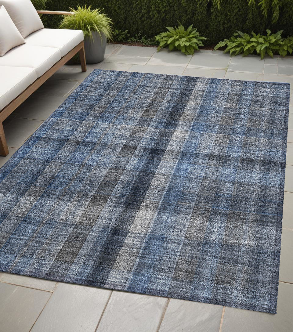 5 X 8 Blue Plaid Washable Non Skid Indoor Outdoor Area Rug