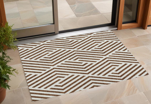 2 X 3 Brown and White Geometric Washable Non Skid Indoor Outdoor Area Rug