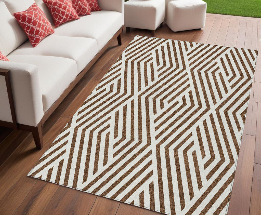5 X 8 Brown and White Geometric Washable Non Skid Indoor Outdoor Area Rug