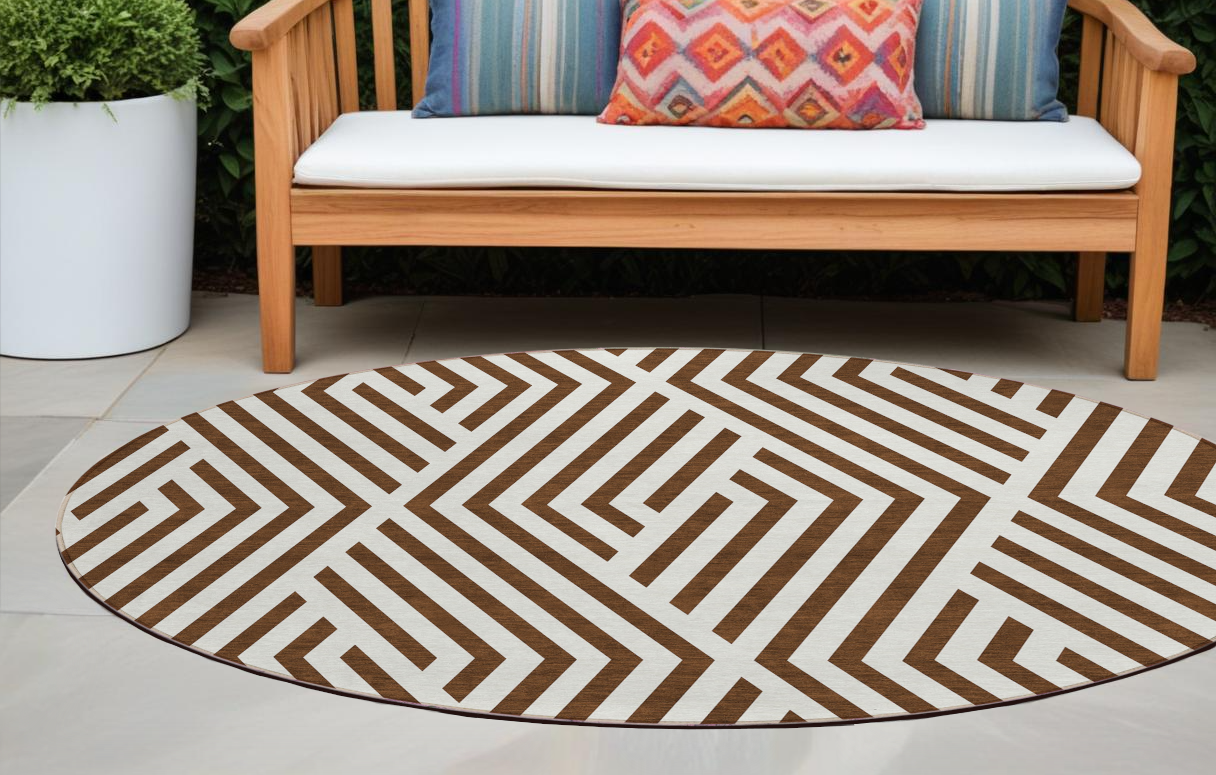 8 Round Brown and White Round Geometric Washable Non Skid Indoor Outdoor Area Rug