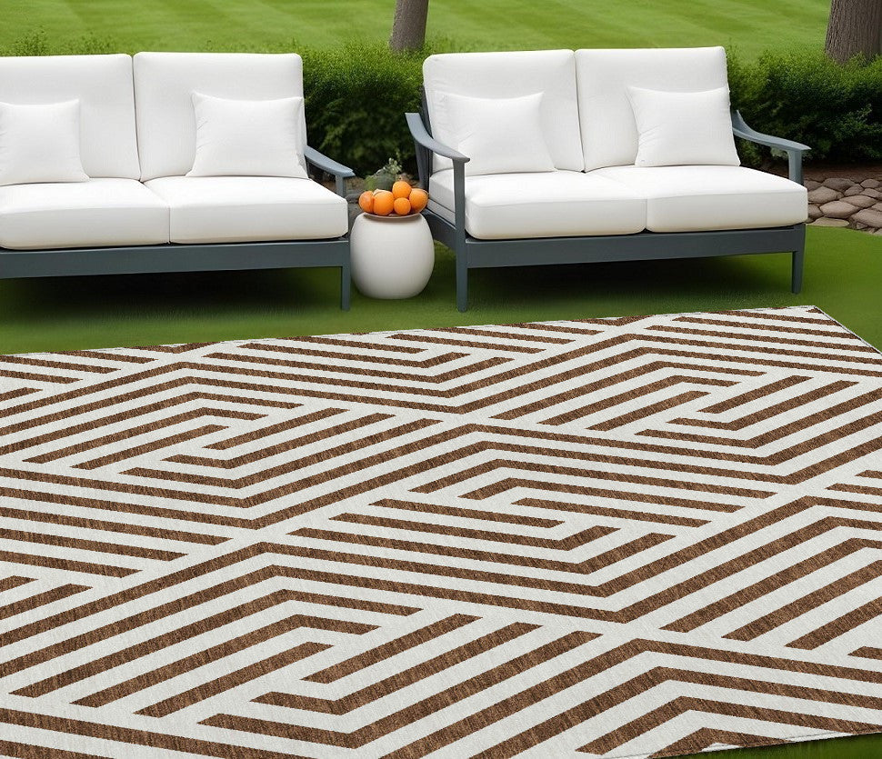 9 X 12 Brown and White Geometric Washable Non Skid Indoor Outdoor Area Rug