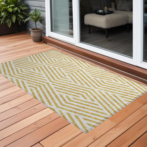 2 X 3 Gold and White Geometric Washable Non Skid Indoor Outdoor Area Rug