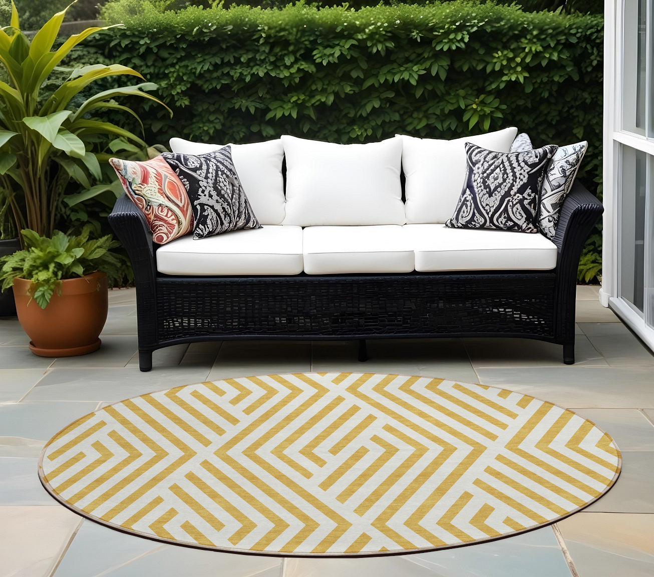 8 Round Gold and White Round Geometric Washable Non Skid Indoor Outdoor Area Rug