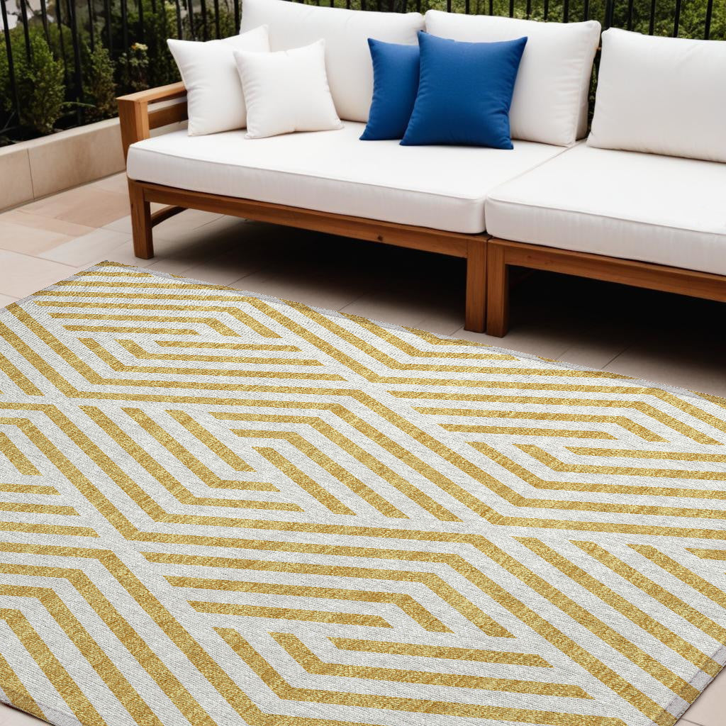 10 X 14 Gold and White Geometric Washable Non Skid Indoor Outdoor Area Rug