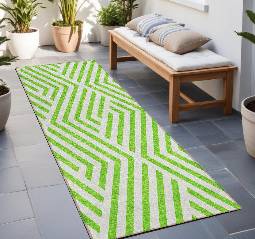 8 Runner Lime Green and White Geometric Washable Non Skid Indoor Outdoor Runner Rug