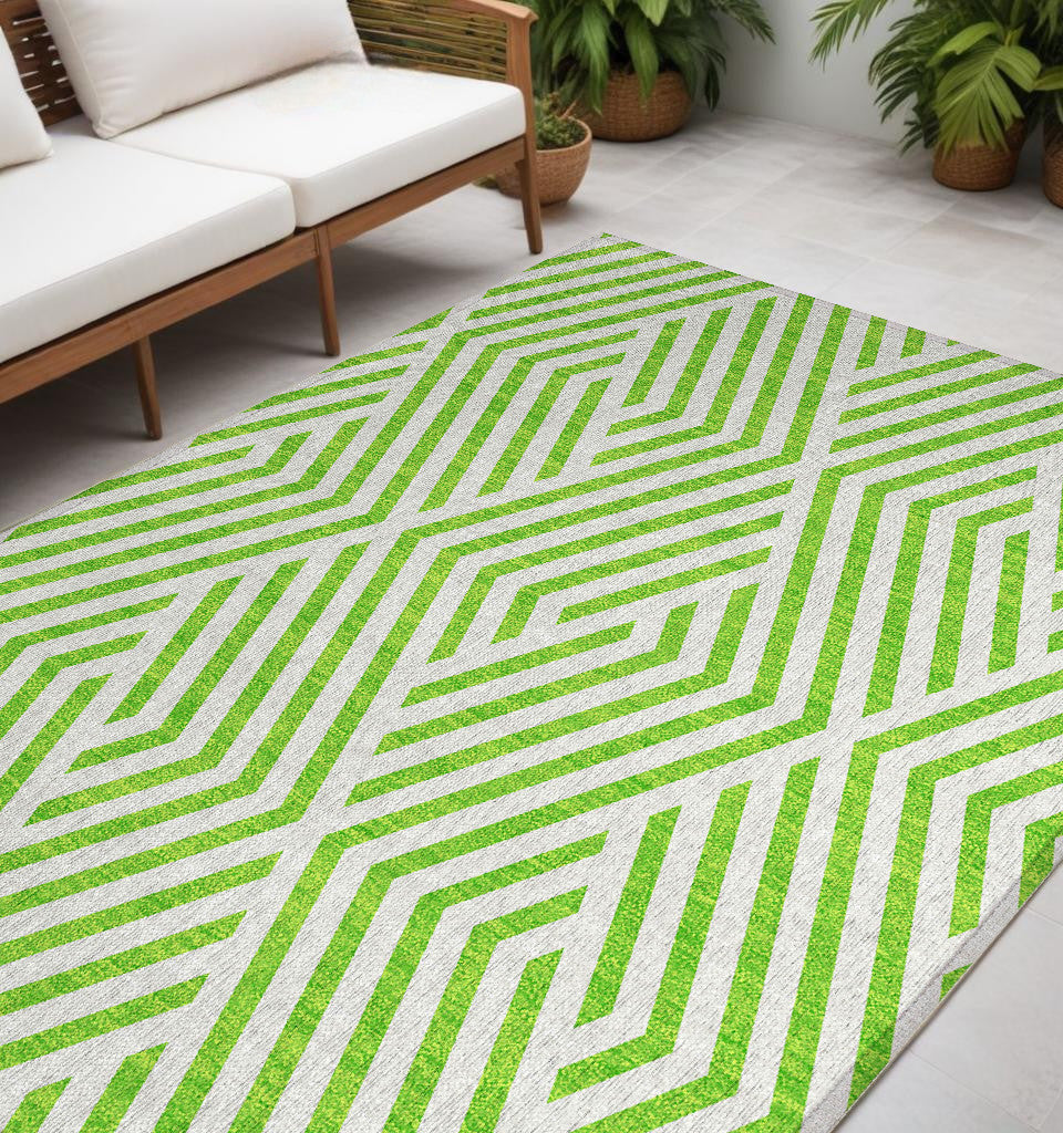 5 X 8 Lime Green and White Geometric Washable Non Skid Indoor Outdoor Area Rug