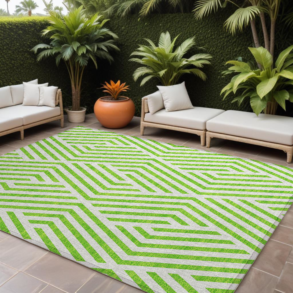 9 X 12 Lime Green and White Geometric Washable Non Skid Indoor Outdoor Area Rug