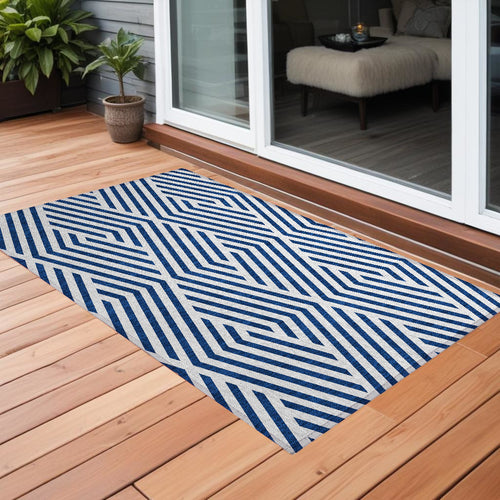 2 X 3 Navy and White Geometric Washable Non Skid Indoor Outdoor Area Rug
