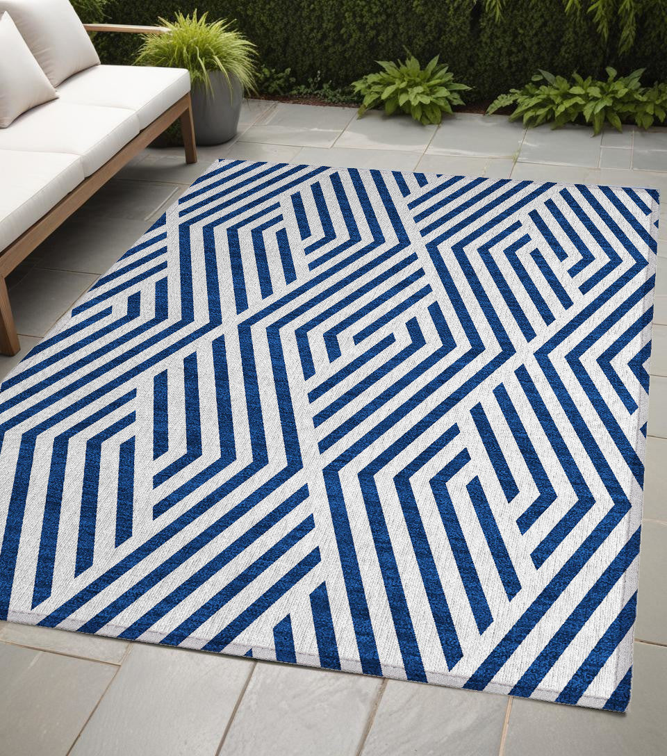 5 X 8 Navy and White Geometric Washable Non Skid Indoor Outdoor Area Rug