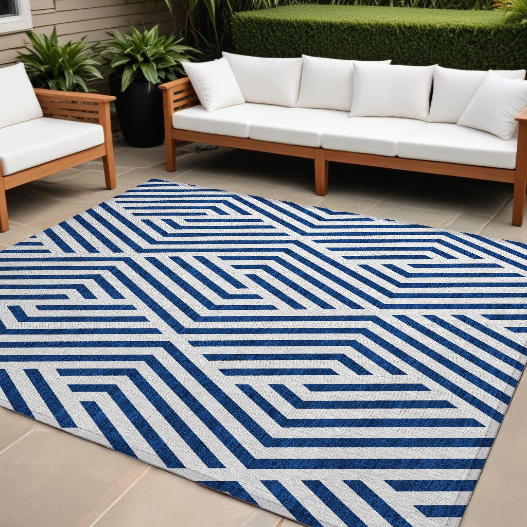 10 X 14 Navy and White Geometric Washable Non Skid Indoor Outdoor Area Rug