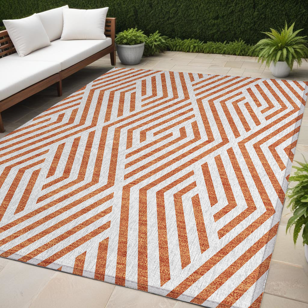 5 X 8 Orange and White Geometric Washable Non Skid Indoor Outdoor Area Rug