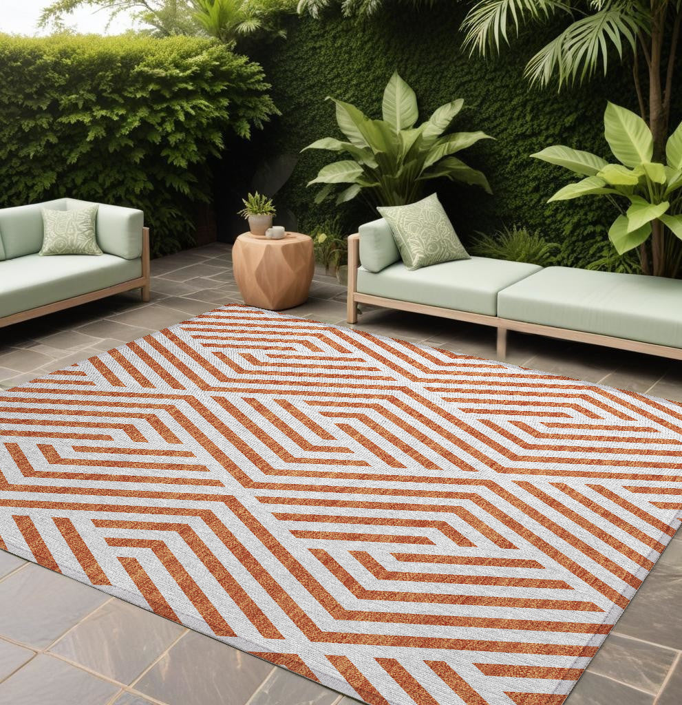 8 X 10 Orange and White Geometric Washable Non Skid Indoor Outdoor Area Rug