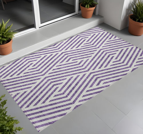 2 X 3 Purple and White Geometric Washable Non Skid Indoor Outdoor Area Rug