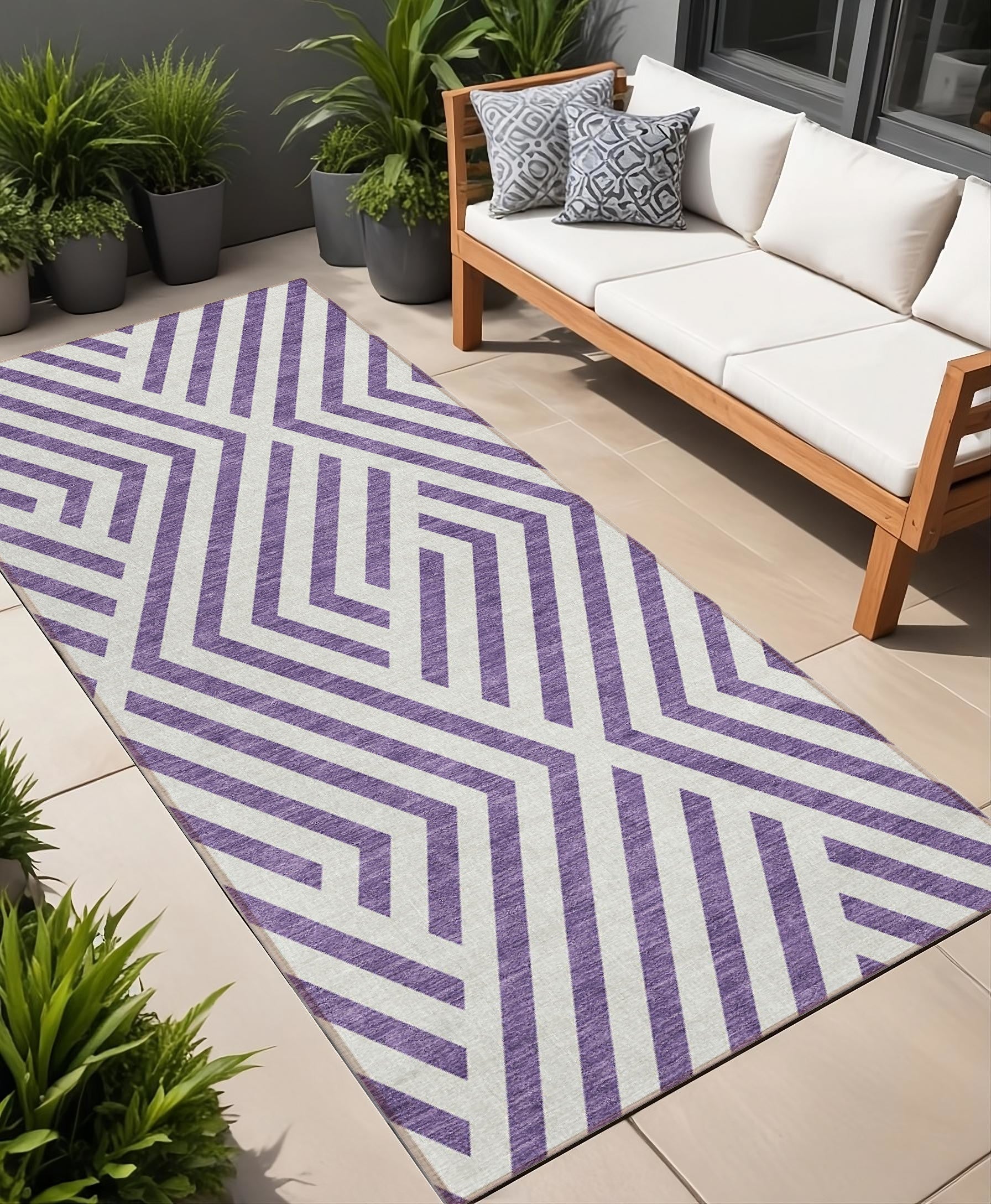8 Runner Purple and White Geometric Washable Non Skid Indoor Outdoor Runner Rug