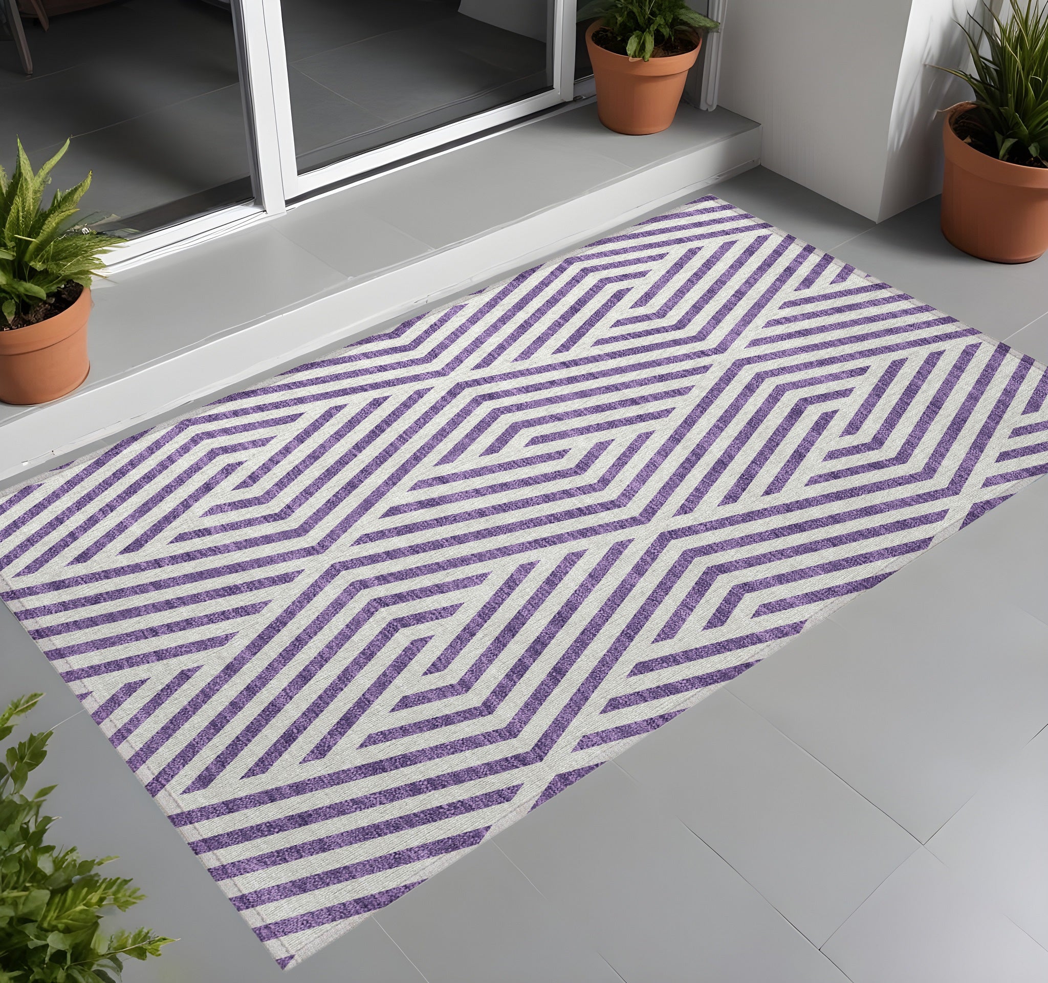 3 X 5 Purple and White Geometric Washable Non Skid Indoor Outdoor Area Rug
