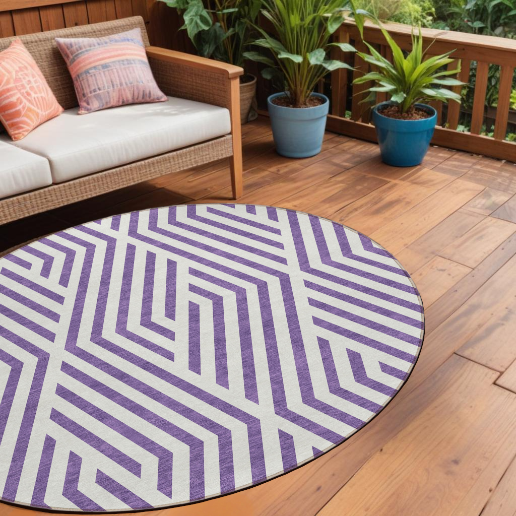 8 Round Purple and White Round Geometric Washable Non Skid Indoor Outdoor Area Rug
