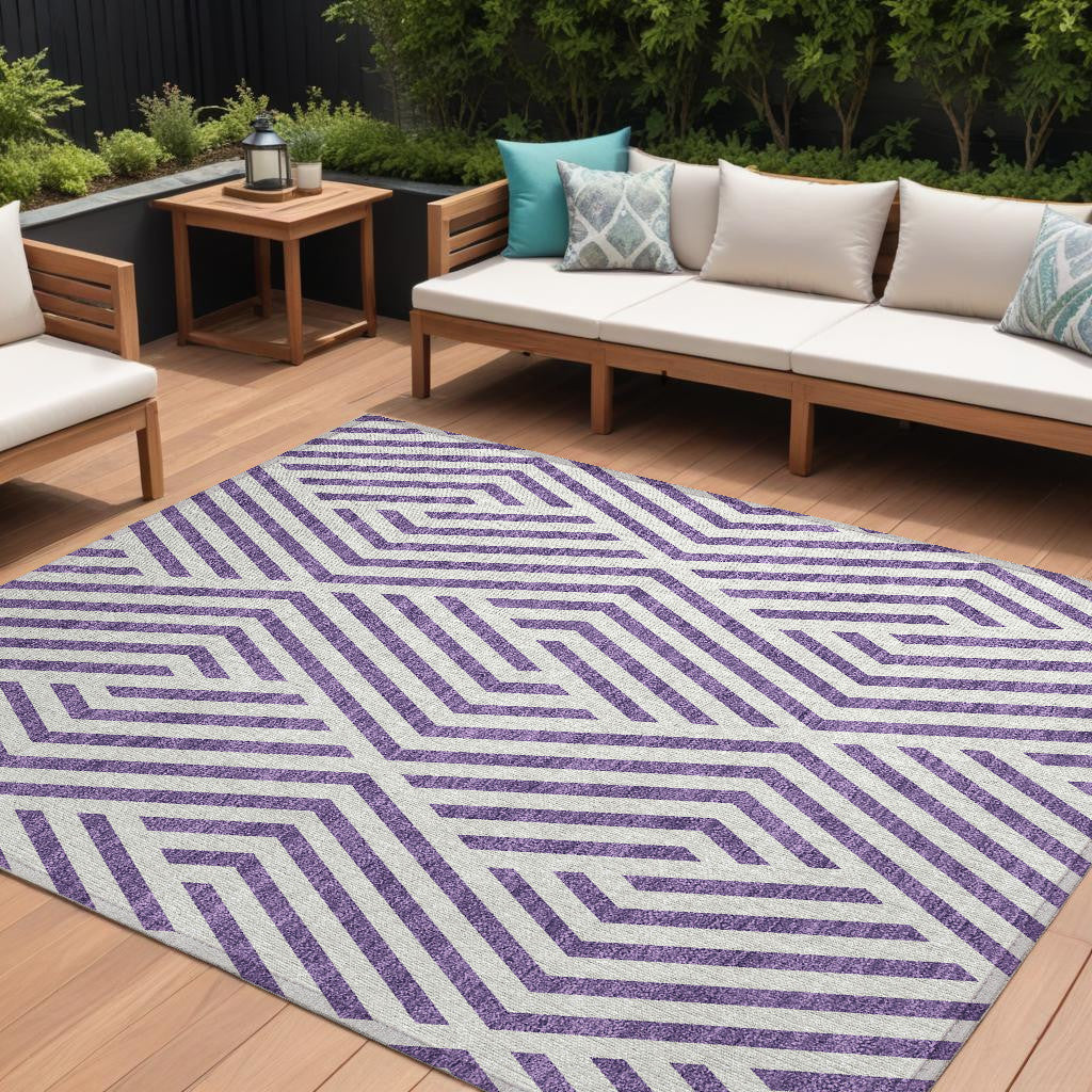 9 X 12 Purple and White Geometric Washable Non Skid Indoor Outdoor Area Rug