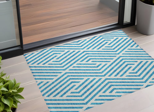 2 X 3 Teal and White Geometric Washable Non Skid Indoor Outdoor Area Rug