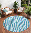 8 Round Teal and White Round Geometric Washable Non Skid Indoor Outdoor Area Rug
