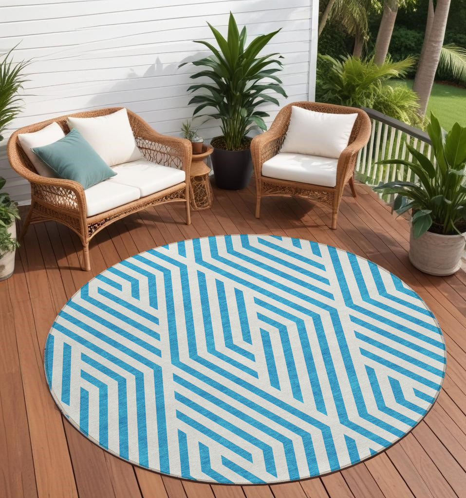 8 Round Teal and White Round Geometric Washable Non Skid Indoor Outdoor Area Rug