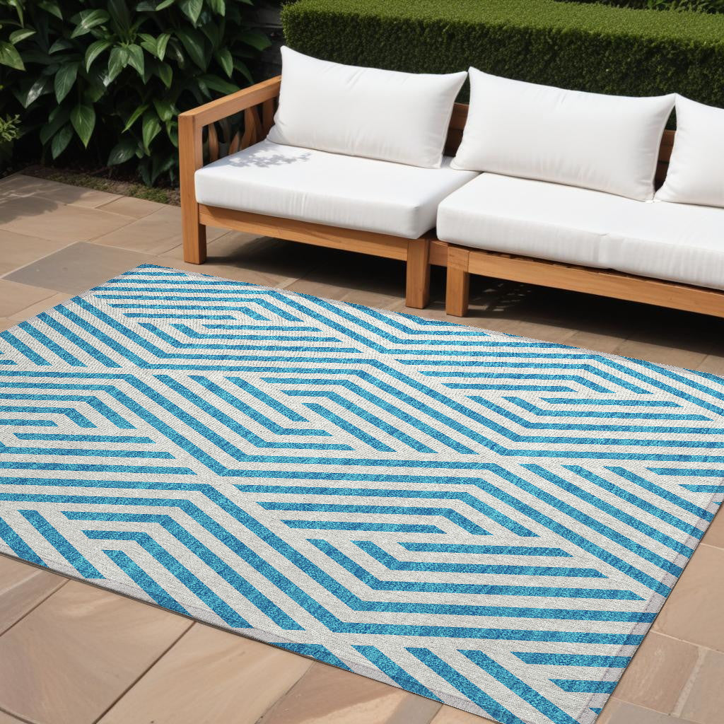 9 X 12 Teal and White Geometric Washable Non Skid Indoor Outdoor Area Rug