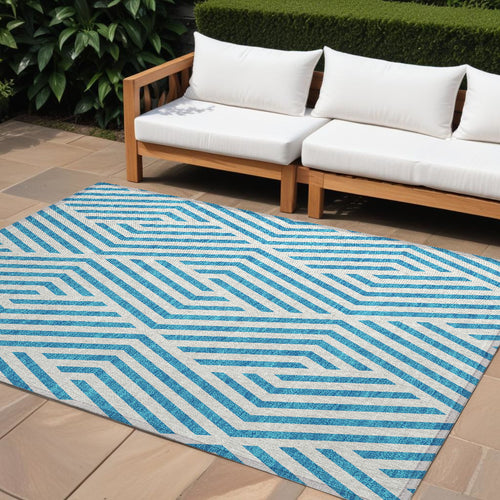 10 X 14 Teal and White Geometric Washable Non Skid Indoor Outdoor Area Rug