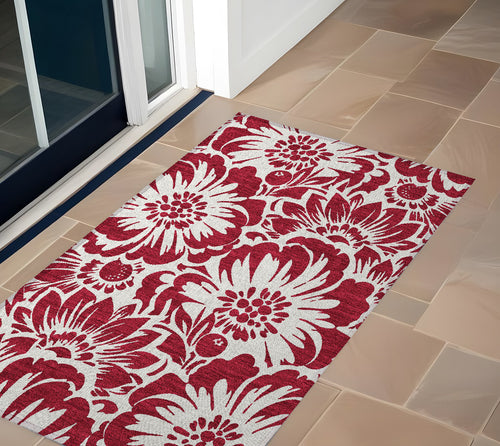 2 X 3 Burgundy and White Floral Washable Non Skid Indoor Outdoor Area Rug