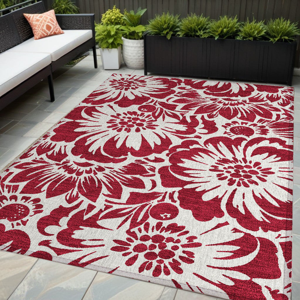 5 X 8 Burgundy and White Floral Washable Non Skid Indoor Outdoor Area Rug