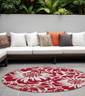 8 Round Burgundy and White Round Floral Washable Non Skid Indoor Outdoor Area Rug
