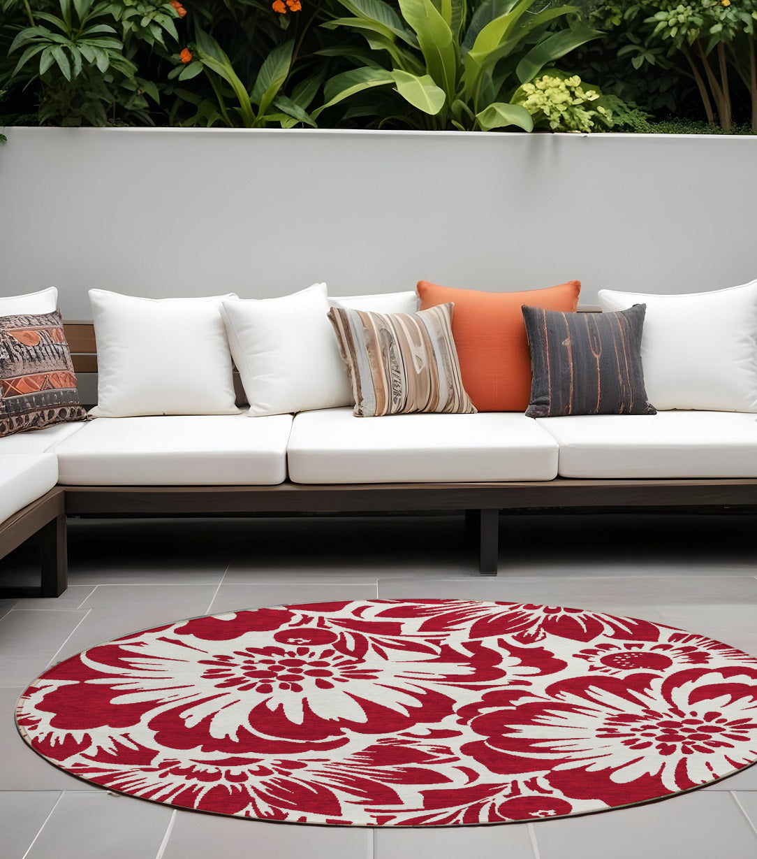 8 Round Burgundy and White Round Floral Washable Non Skid Indoor Outdoor Area Rug