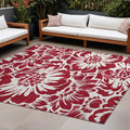 9 X 12 Burgundy and White Floral Washable Non Skid Indoor Outdoor Area Rug