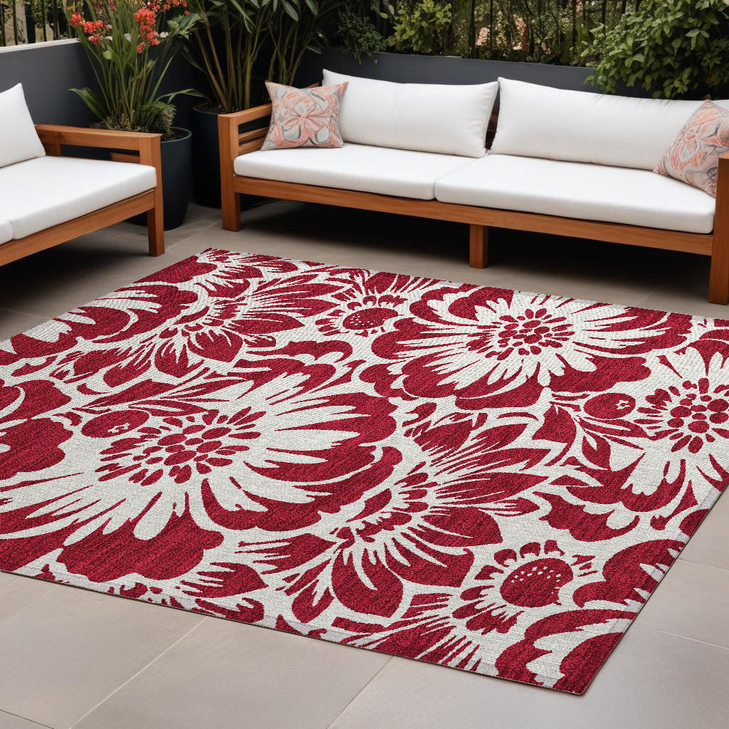 9 X 12 Burgundy and White Floral Washable Non Skid Indoor Outdoor Area Rug