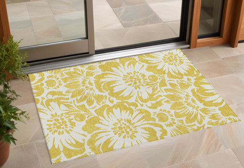2 X 3 Gold and White Floral Washable Non Skid Indoor Outdoor Area Rug