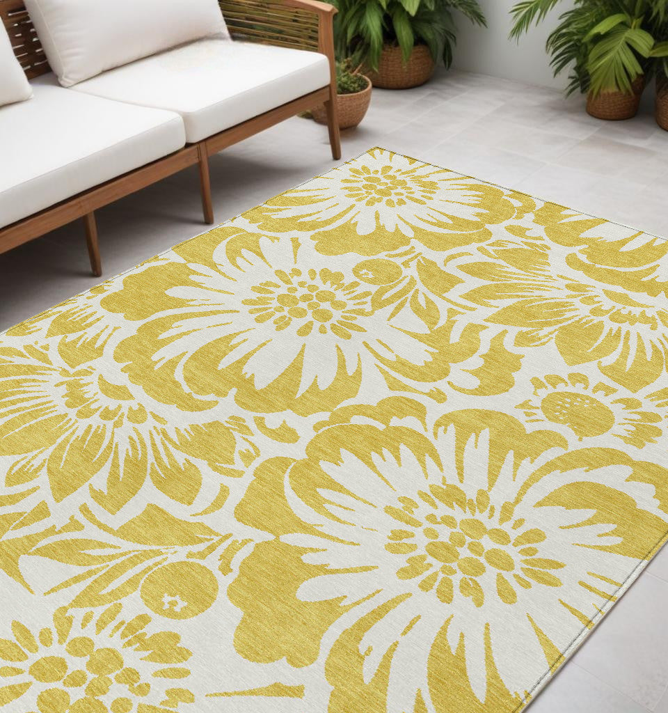 5 X 8 Gold and White Floral Washable Non Skid Indoor Outdoor Area Rug