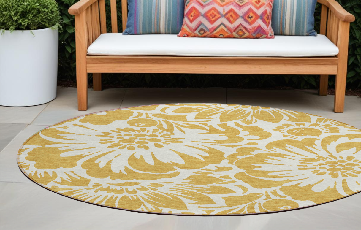 8 Round Gold and White Round Floral Washable Non Skid Indoor Outdoor Area Rug