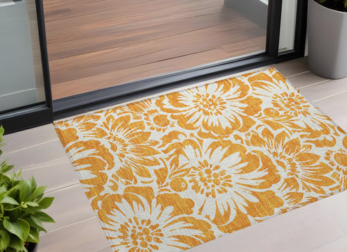 2 X 3 Orange and White Floral Washable Non Skid Indoor Outdoor Area Rug