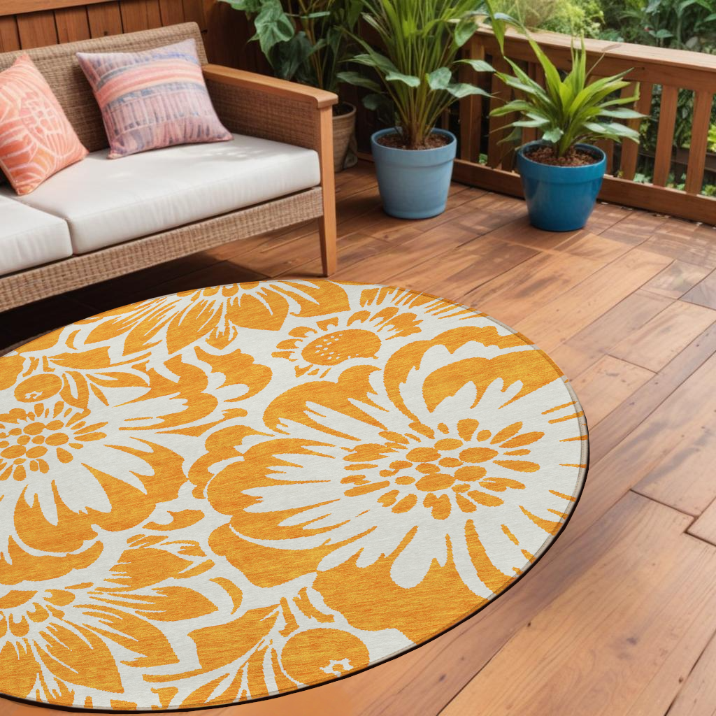8 Round Orange and White Round Floral Washable Non Skid Indoor Outdoor Area Rug